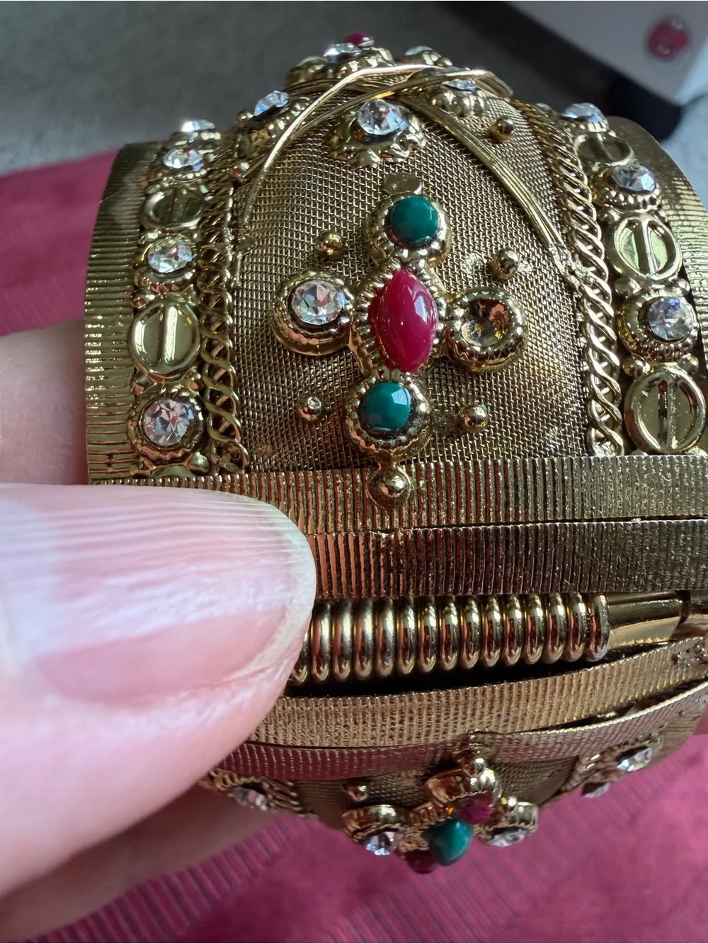 Vintage Etruscan Style Gold Tone Wide Cuff Bracelet Rhinestone Cabochon